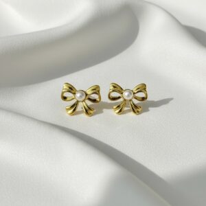 Golden Bow Pearl Studs
